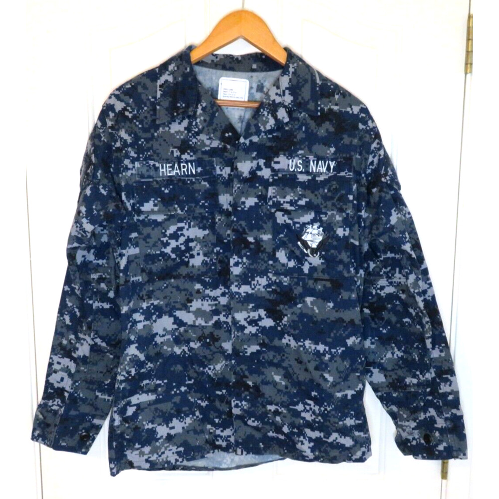 US Navy Blue Digital Camo Pattern Shirt Blouse Military L/S Size Small Long J1